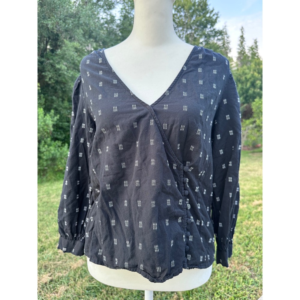 Madewell Faux Wrap Peasant Boho Indie 100% Cotton Button Top Womens S Black